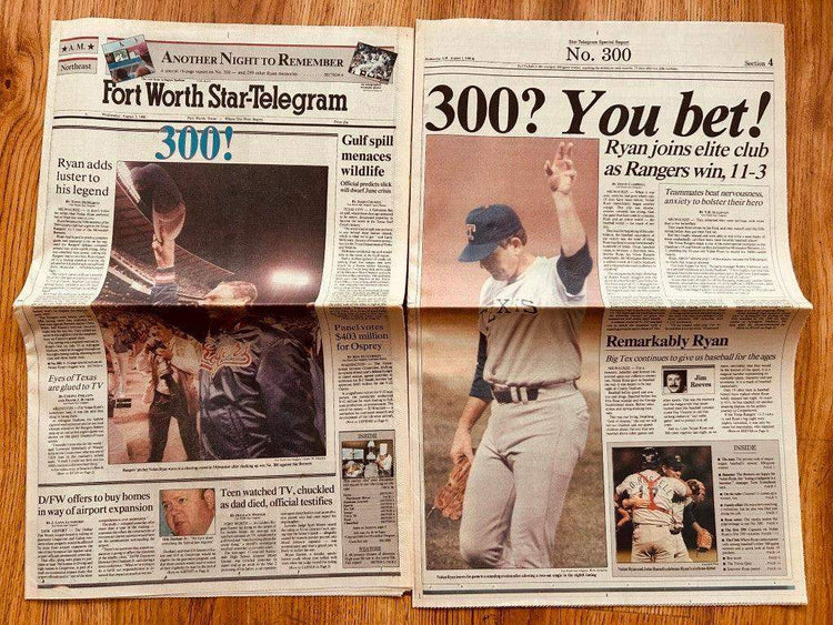 Nolan Ryan Texas Rangers 300th Win August 1990 Fort Worth Star-Telegram newspaper - AutographsForSale.com