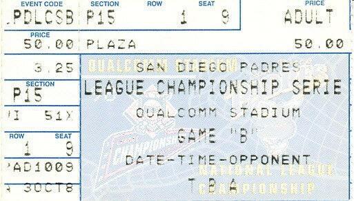 1998 NLCS Game 4 ticket stub Atlanta Braves 8 SD Padres 3 - AutographsForSale.com