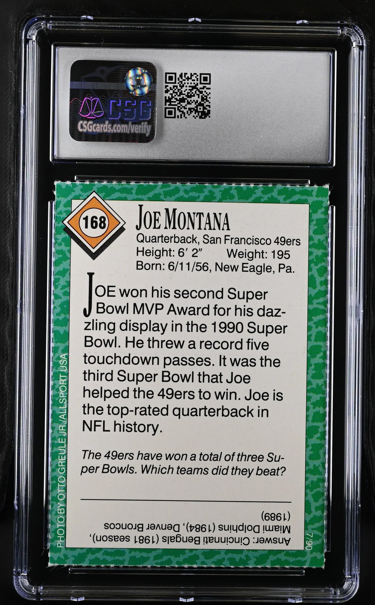 Joe Montana SF 49ers 1990 SI for Kids card CSG grade 9 MT - AutographsForSale.com