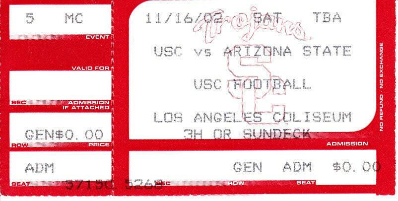 2002 USC vs Arizona St college football game ticket stub Carson Palmer Heisman - AutographsForSale.com