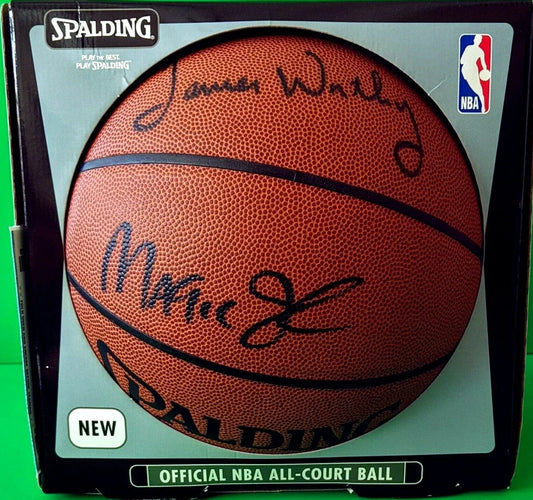 Magic Johnson James Worthy Mychal Thompson signed NBA basketball JSA Lakers - AutographsForSale.com