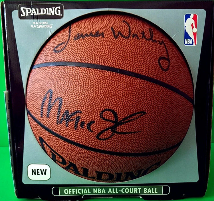 Magic Johnson James Worthy Mychal Thompson signed NBA basketball JSA Lakers - AutographsForSale.com
