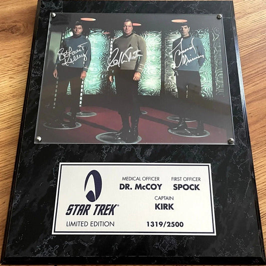 DeForest Kelley Leonard Nimoy William Shatner signed Star Trek original Series 8x10 photo plaque - AutographsForSale.com