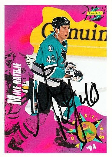 Mike Rathje autographed San Jose Sharks 1994-95 Score card - AutographsForSale.com