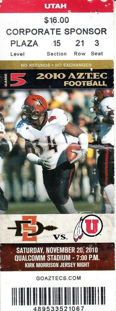 2010 San Diego State Aztecs vs Utah Utes football ticket - AutographsForSale.com