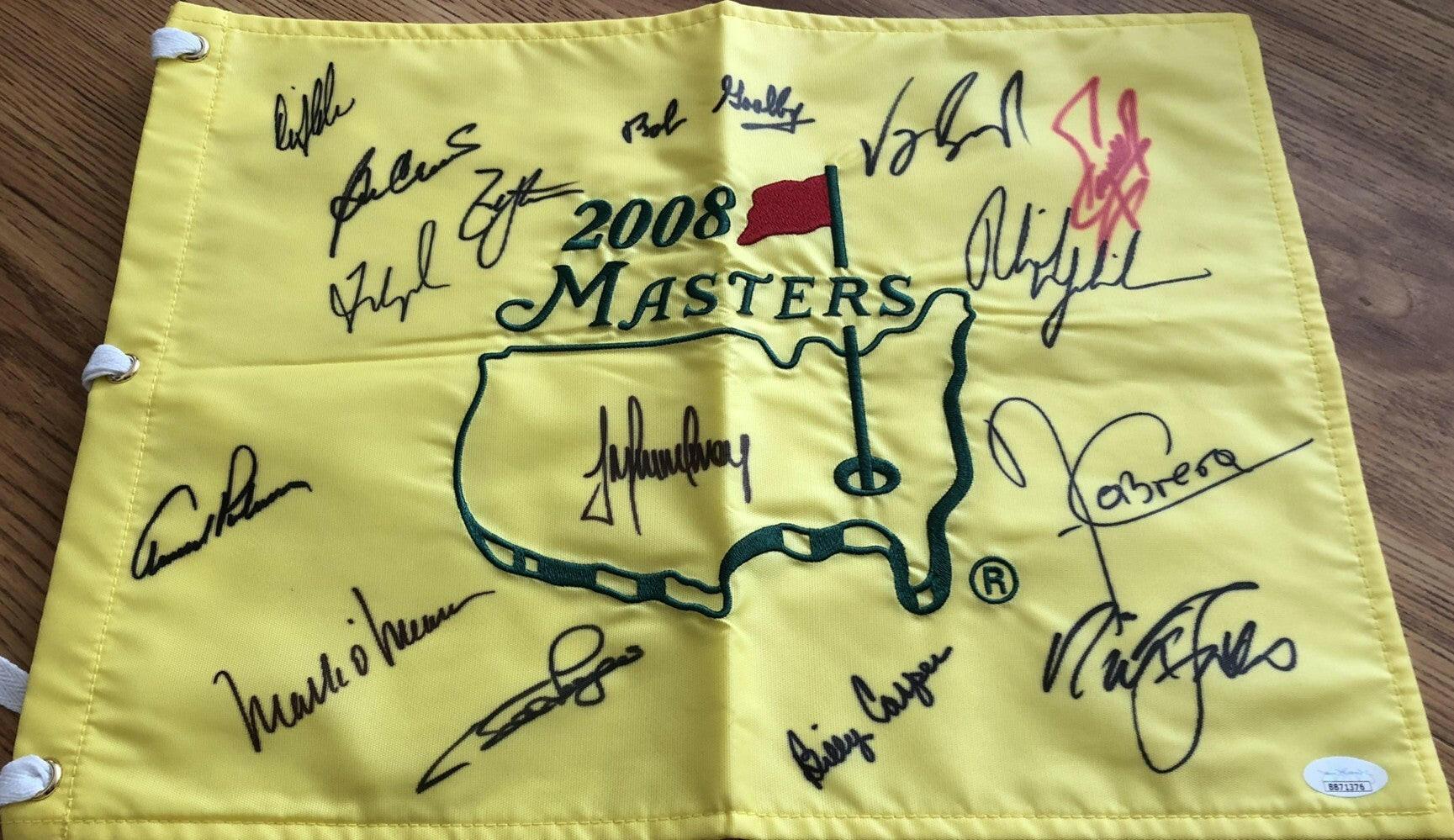 2008 Masters flag autographed by 15 winners Arnold Palmer Phil Mickelson Fred Couples Nick Faldo JSA - AutographsForSale.com