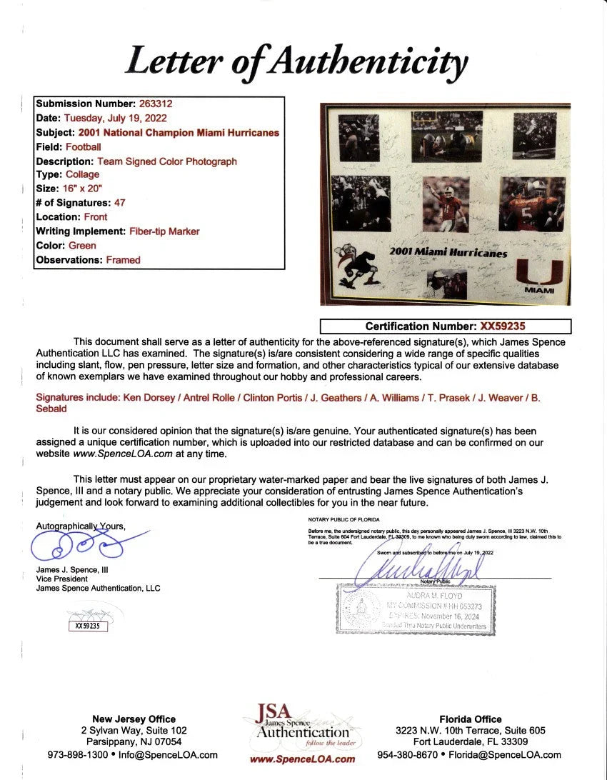 2001 Miami Hurricanes National Champs team signed 16x20 photo framed Ken Dorsey Frank Gore Andre Johnson Clinton Portis JSA - AutographsForSale.com