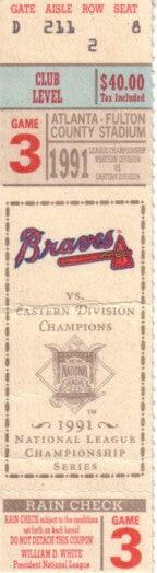 1991 NLCS Game 3 ticket stub Atlanta Braves 10 Pittsburgh Pirates 3 - AutographsForSale.com