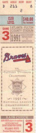 1991 NLCS Game 3 ticket stub Atlanta Braves 10 Pittsburgh Pirates 3 - AutographsForSale.com