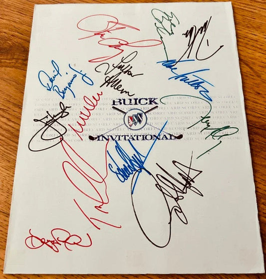 2001 Buick Invitational page with printed logo, autographed by Jim Furyk, Tom Lehman and others in various markers.