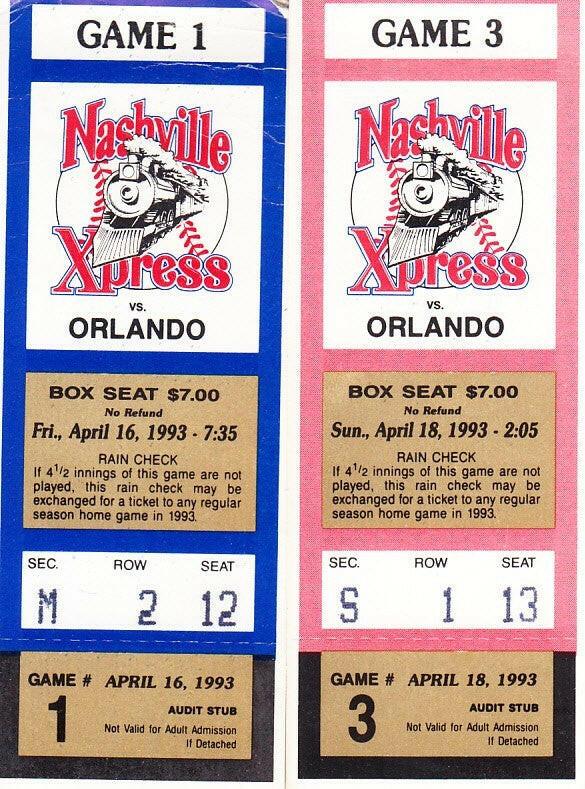 1993 Nashville Xpress vs Orlando Cubs 2 ticket stubs - AutographsForSale.com