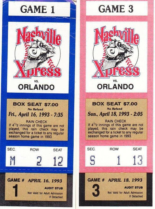 1993 Nashville Xpress vs Orlando Cubs 2 ticket stubs - AutographsForSale.com