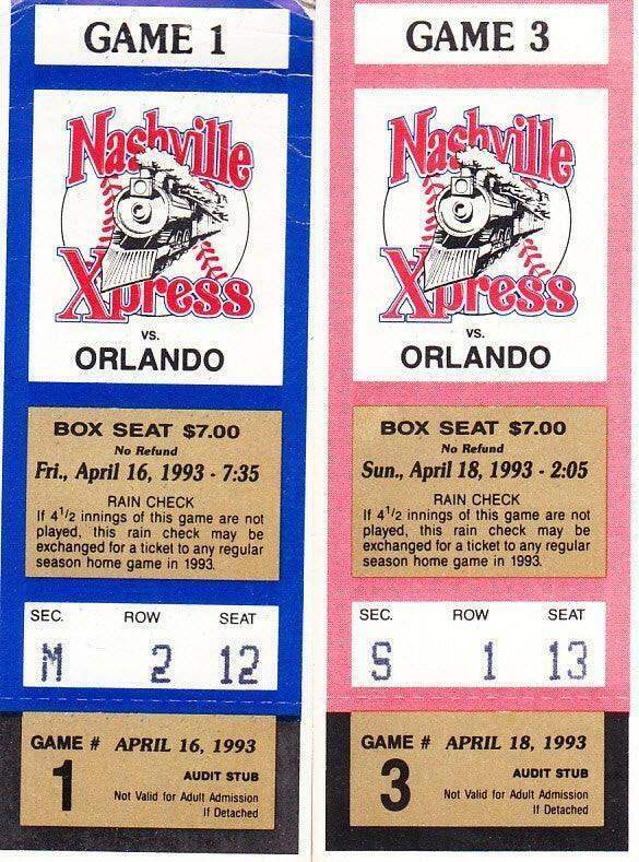 1993 Nashville Xpress vs Orlando Cubs 2 ticket stubs - AutographsForSale.com