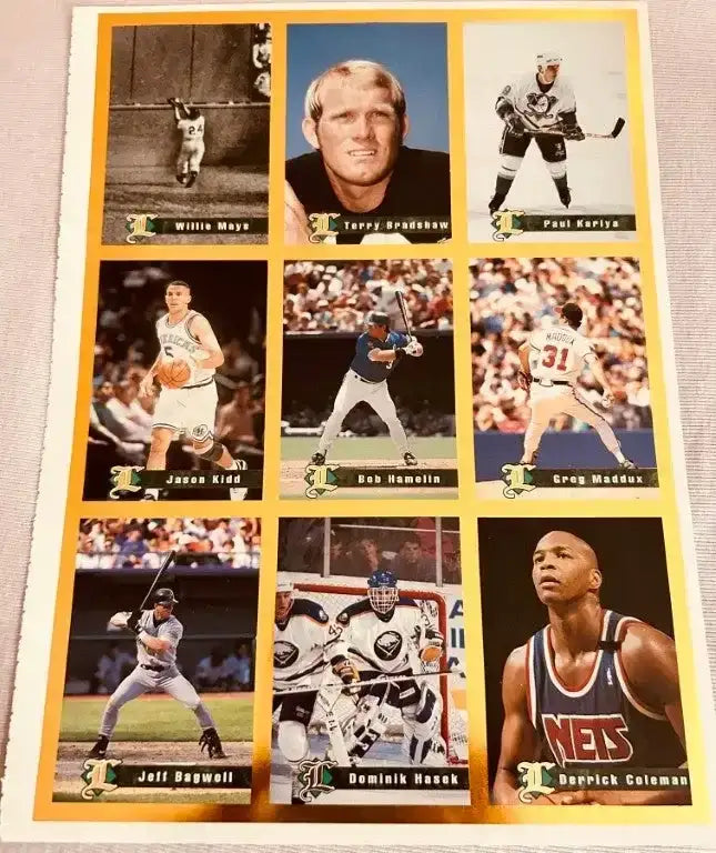 Terry Bradshaw Willie Mays Jeff Bagwell Paul Kariya Jason Kidd Greg Maddux 1994 Legends 9 card sheet - AutographsForSale.com