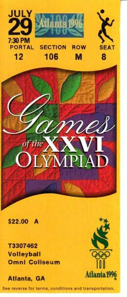 1996 Atlanta Olympics Mens Indoor Volleyball ticket stub Bulgaria 3 USA - AutographsForSale.com