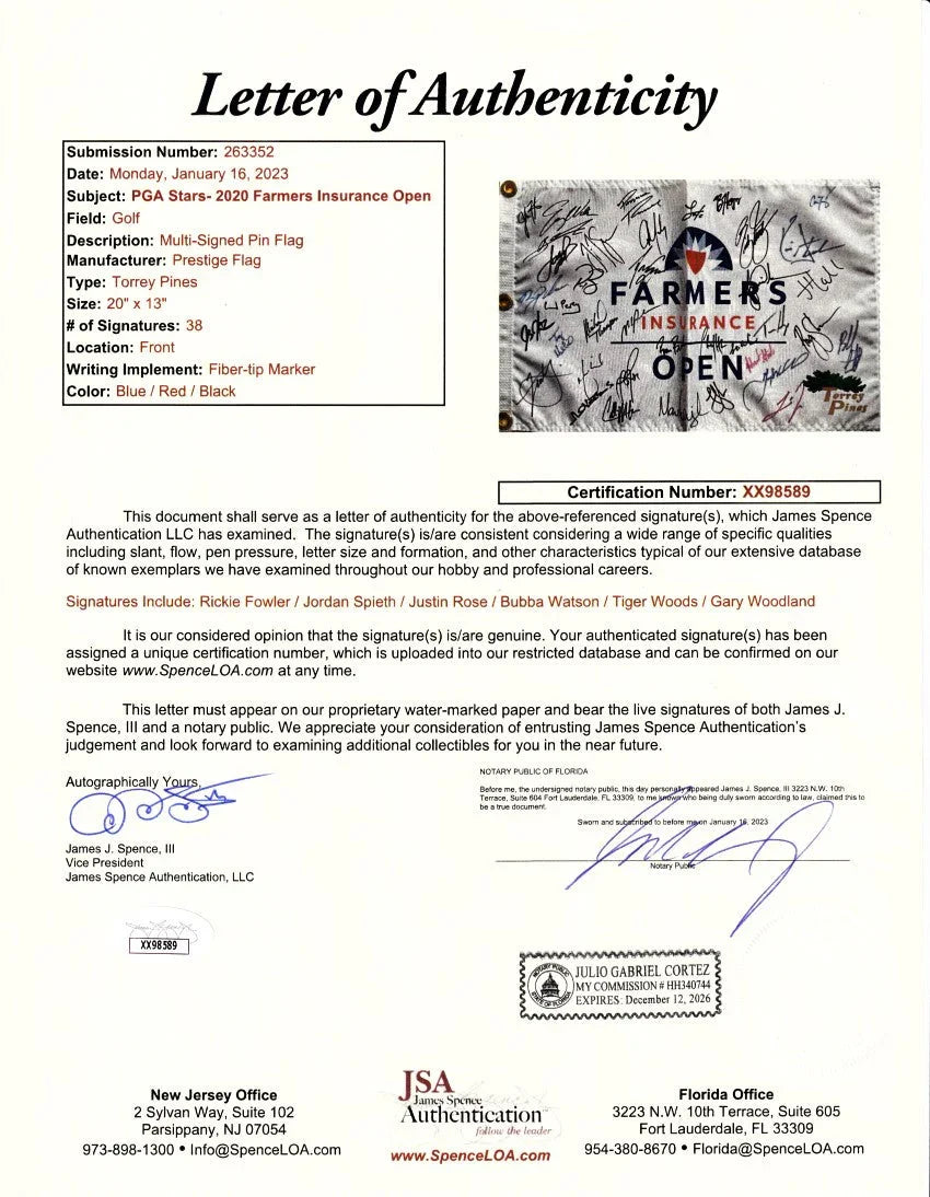 2020 Farmers Insurance Open signed flag Tiger Woods Xander Schauffele Jordan Spieth J.J. Spaun JSA - AutographsForSale.com