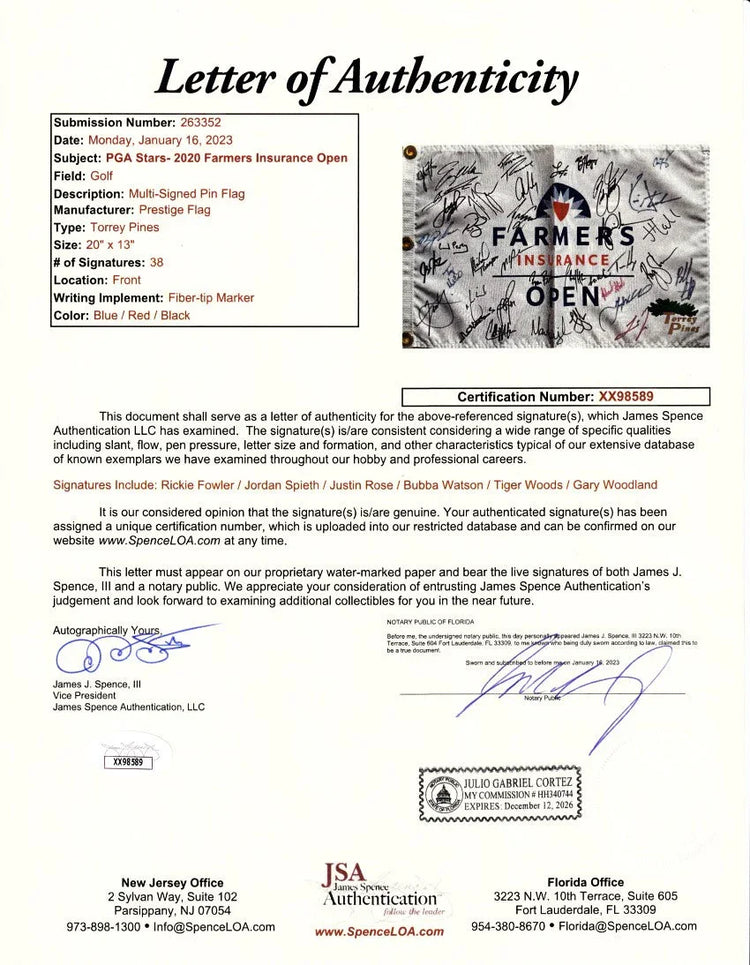 2020 Farmers Insurance Open signed flag Tiger Woods Xander Schauffele Jordan Spieth J.J. Spaun JSA - AutographsForSale.com
