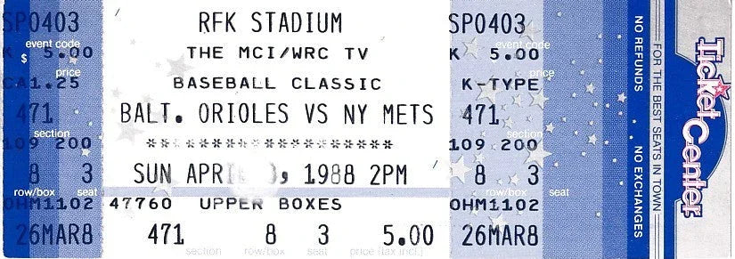 1988 Orioles vs NY Mets Washington DC exhibition baseball game full unused ticket - AutographsForSale.com