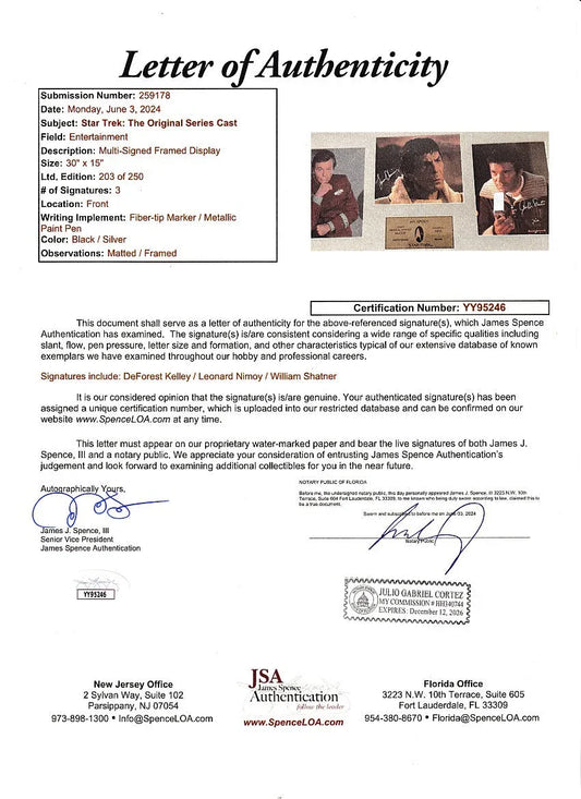 DeForest Kelley Leonard Nimoy William Shatner signed Star Trek 8x10 movie photos framed JSA - AutographsForSale.com