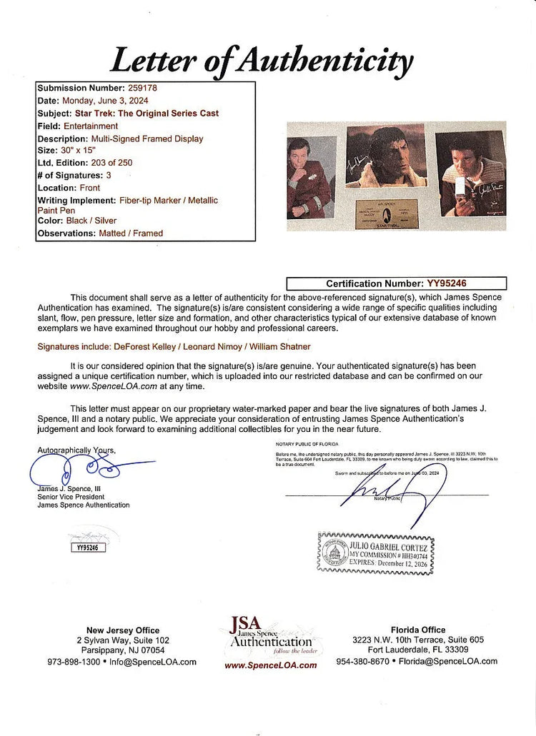 DeForest Kelley Leonard Nimoy William Shatner signed Star Trek 8x10 movie photos framed JSA - AutographsForSale.com
