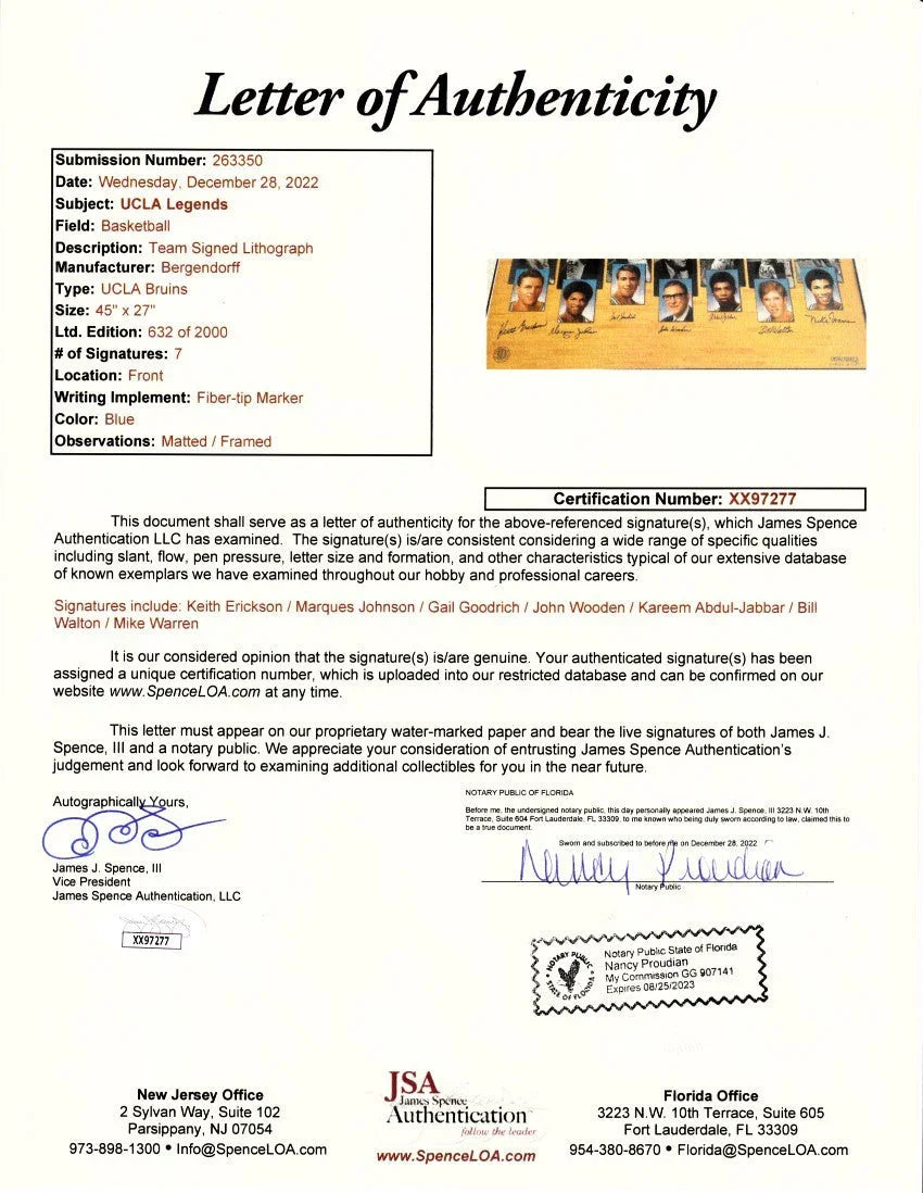 UCLA Legends signed litho framed Kareem Abdul-Jabbar Bill Walton John Wooden JSA - AutographsForSale.com