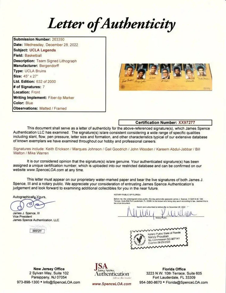 UCLA Legends signed litho framed Kareem Abdul-Jabbar Bill Walton John Wooden JSA - AutographsForSale.com