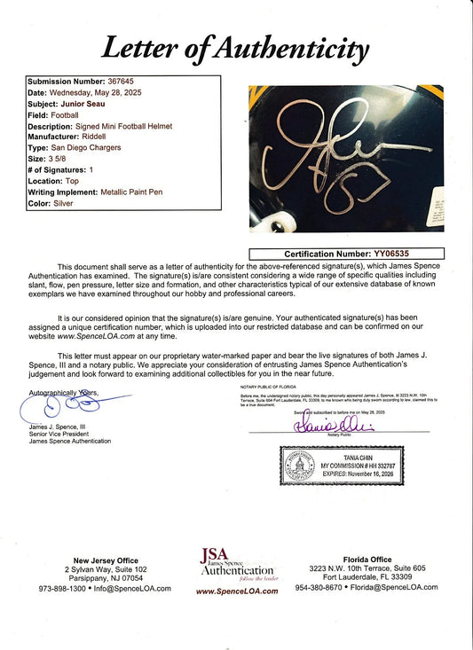 Junior Seau autographed San Diego Chargers mini helmet JSA - AutographsForSale.com