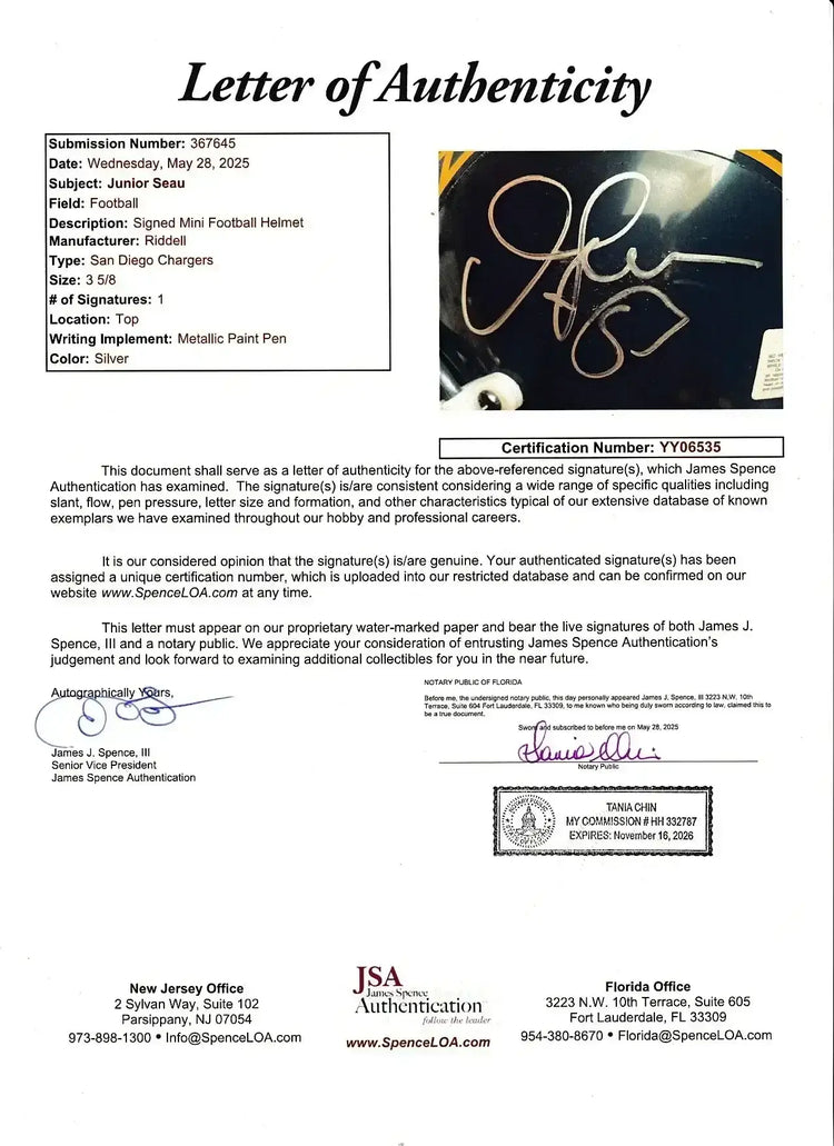 Junior Seau autographed San Diego Chargers mini helmet JSA - AutographsForSale.com