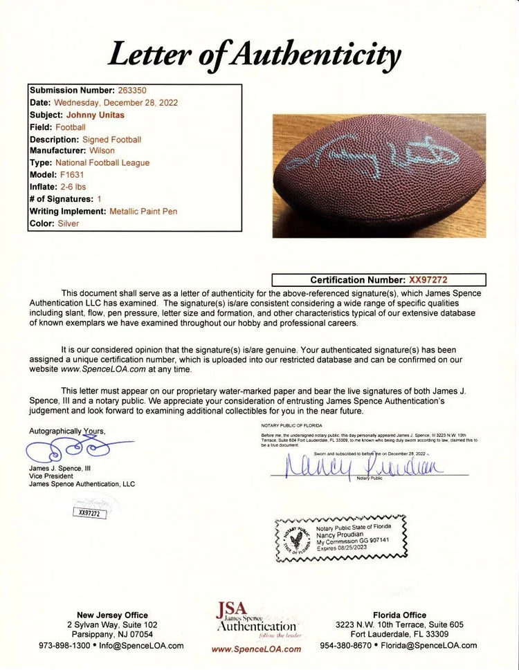 Johnny Unitas autographed mini Wilson NFL football JSA Colts - AutographsForSale.com