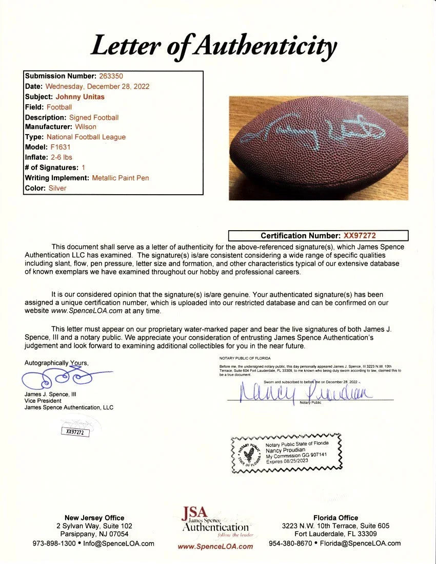 Johnny Unitas autographed mini Wilson NFL football JSA Colts - AutographsForSale.com