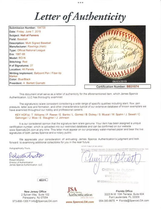 25 Hall of Famers signed NL baseball Ted Williams Ernie Banks Lefty Gomez Stan Musial Pee Wee Reese JSA - AutographsForSale.com