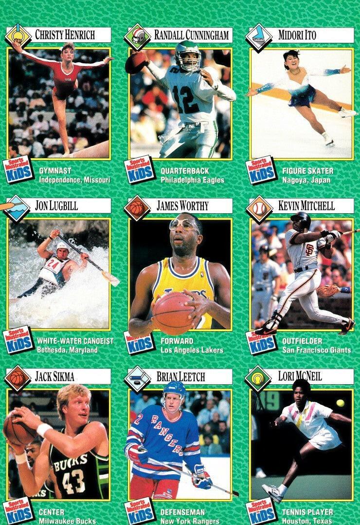 Randall Cunningham Brian Leetch James Worthy 1990 SI for Kids card sheet - AutographsForSale.com