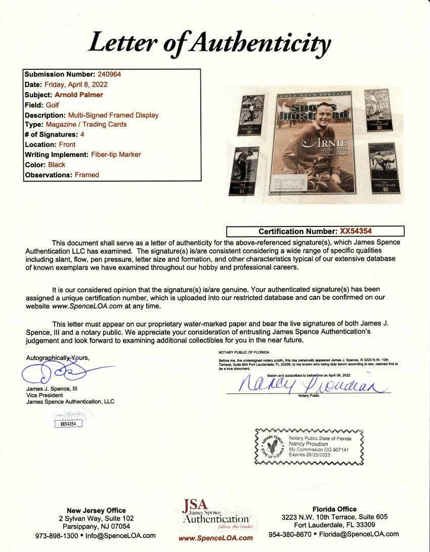 Arnold Palmer signed 4 Masters Champ cards framed SI cover JSA - AutographsForSale.com