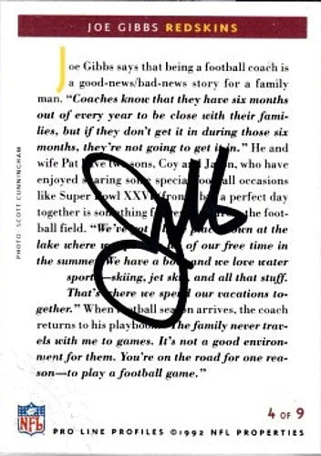 Joe Gibbs certified autograph Washington Redskins 1992 Pro Line card - AutographsForSale.com