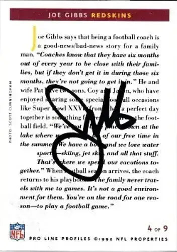 Joe Gibbs certified autograph Washington Redskins 1992 Pro Line card - AutographsForSale.com