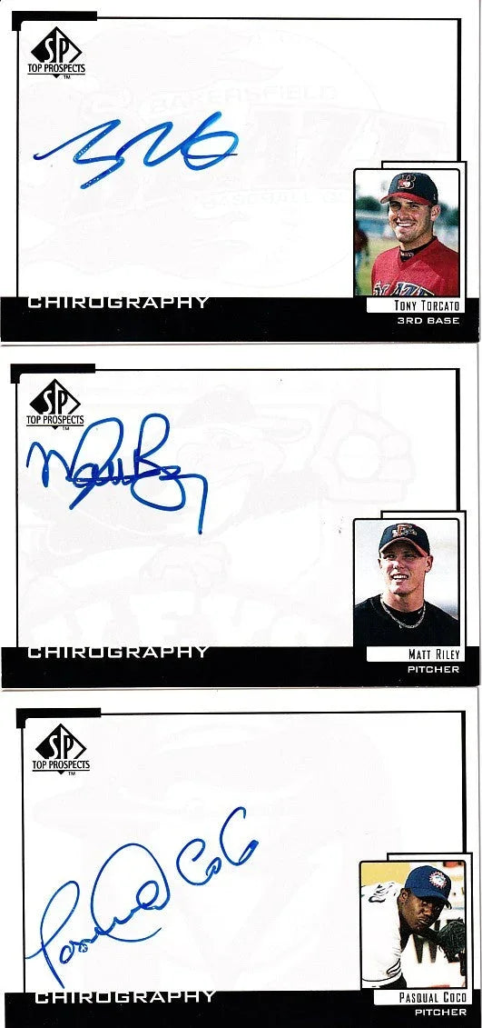3 2000 SP Top Prospects Chirography certified autograph cards Pasqual Coco Matt Riley Tony Torcato - AutographsForSale.com