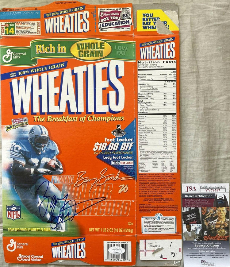 Barry Sanders signed Detroit Lions 1999 Run For Record Wheaties cereal box JSA - AutographsForSale.com