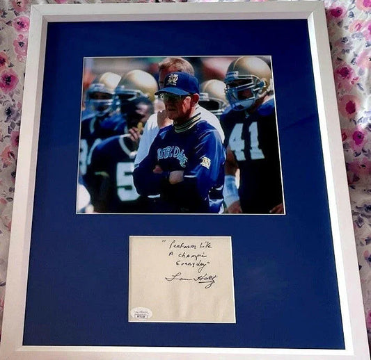 Lou Holtz autograph framed Notre Dame 8x10 photo w/ Perform Like A Champion Everyday JSA - AutographsForSale.com