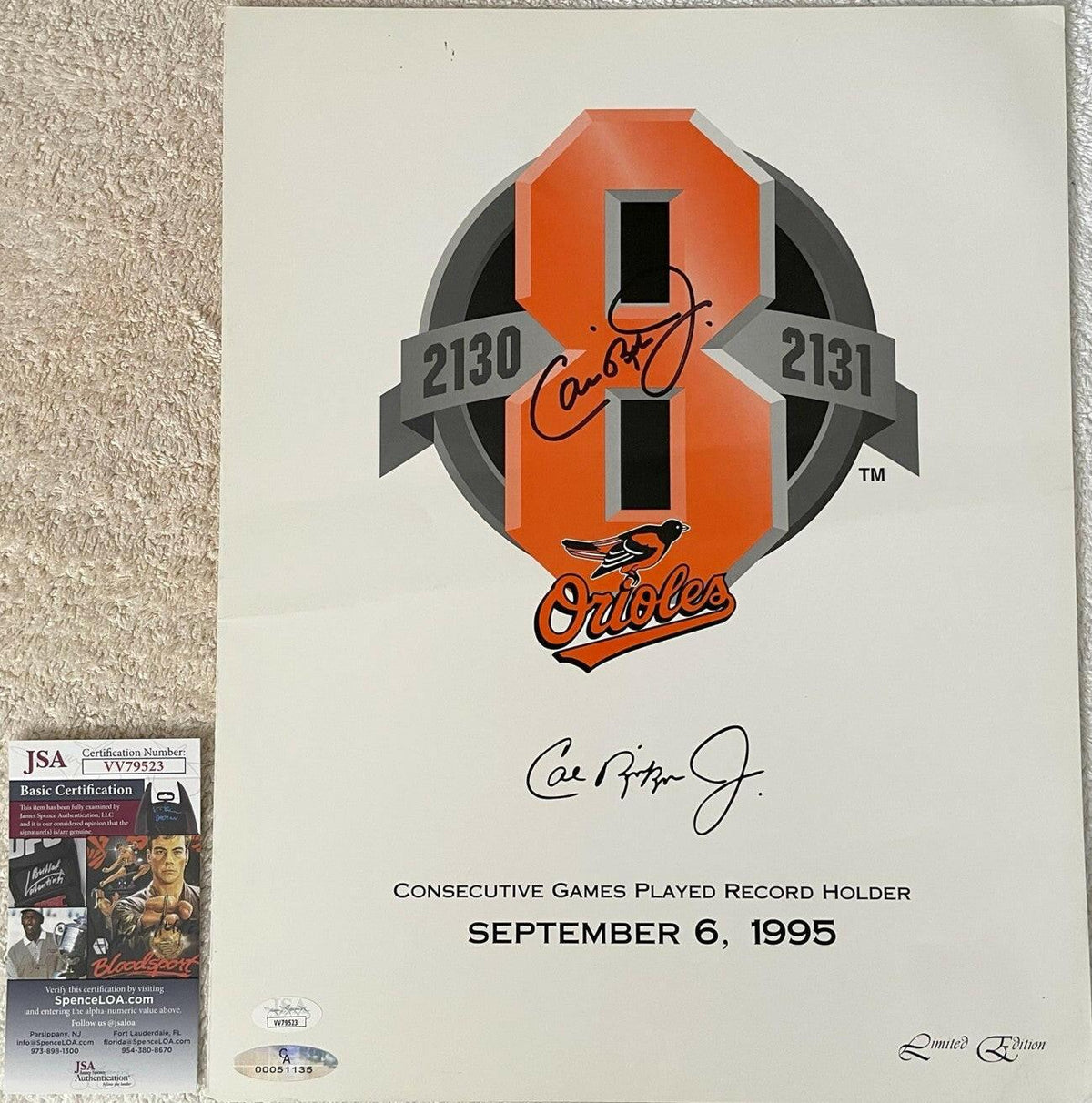 Cal Ripken signed Orioles 2130 2131 Consecutive Games foldout poster JSA - AutographsForSale.com