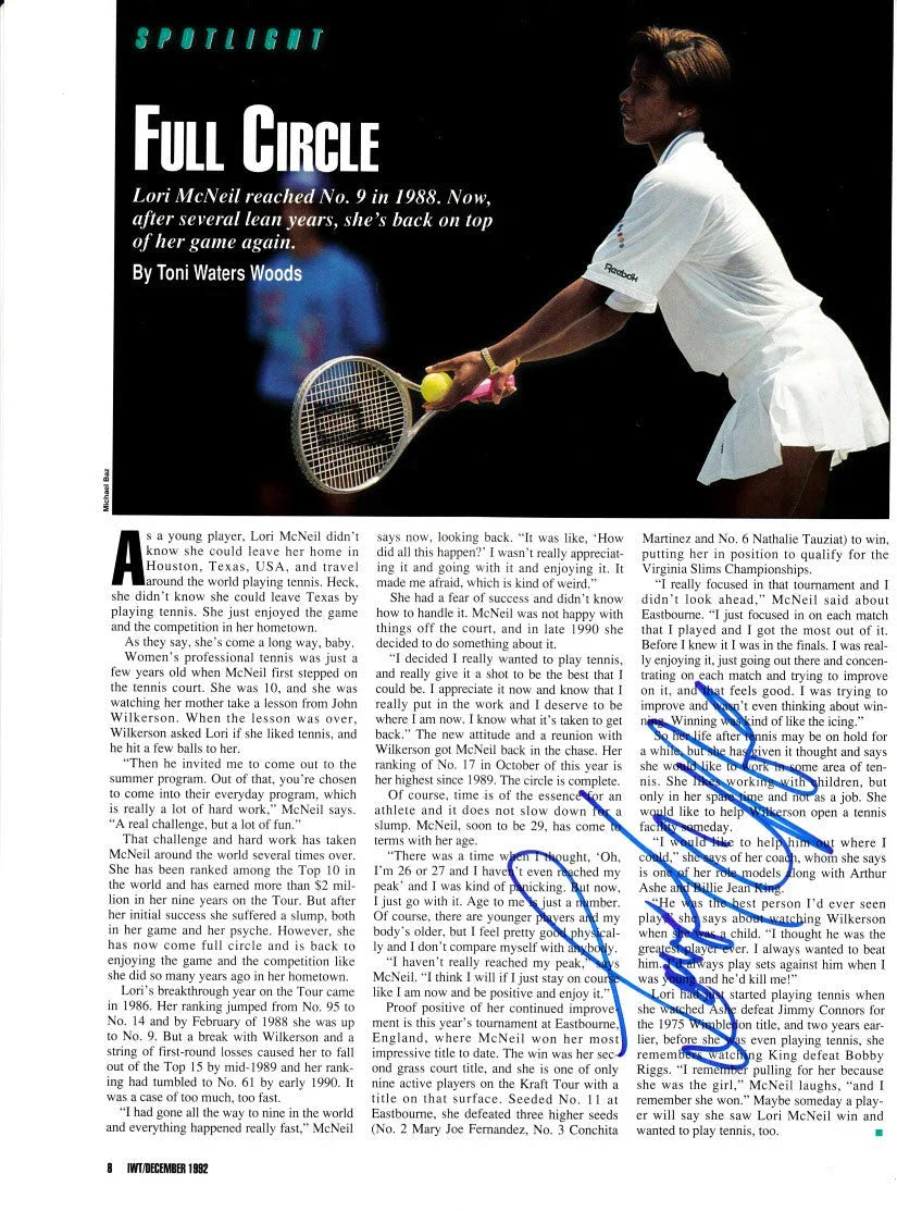 Lori McNeil autographed tennis magazine page with photo - AutographsForSale.com