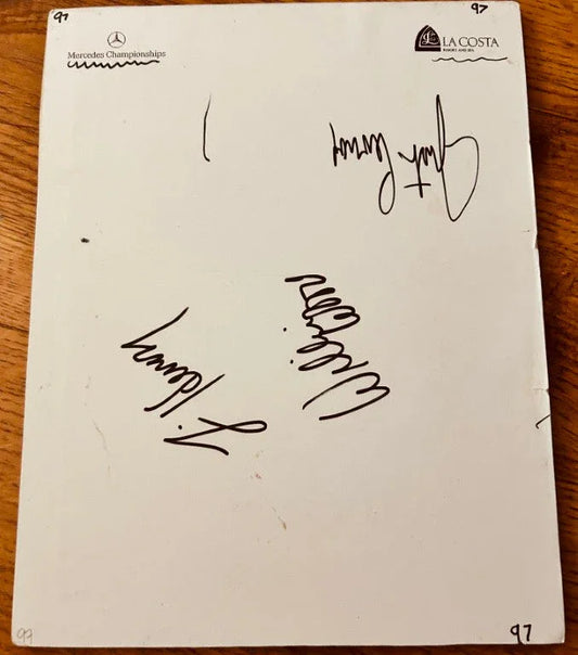 Signed 1997 & 1998 Mercedes Championships pages Fluff Cowan Justin Leonard Willie Wood - AutographsForSale.com