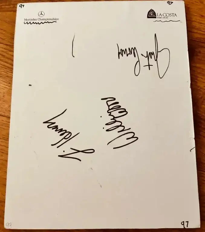 Signed 1997 & 1998 Mercedes Championships pages Fluff Cowan Justin Leonard Willie Wood - AutographsForSale.com