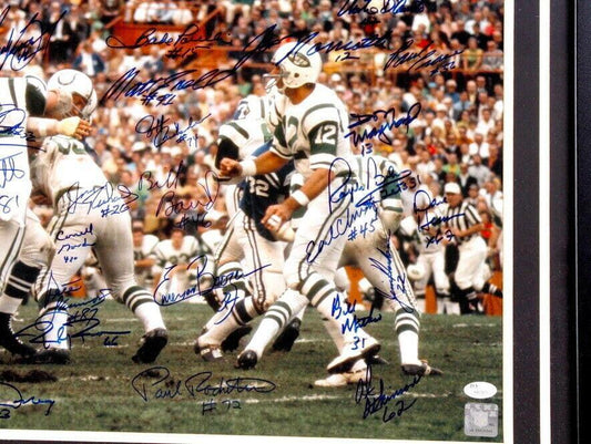 1968 New York Jets Super Bowl 3 Champion Team autographed 16x20 poster size photo framed Joe Namath JSA - AutographsForSale.com