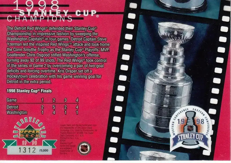 Steve Yzerman signed Red Wings 1998 Stanley Cup Champions UDA card - AutographsForSale.com
