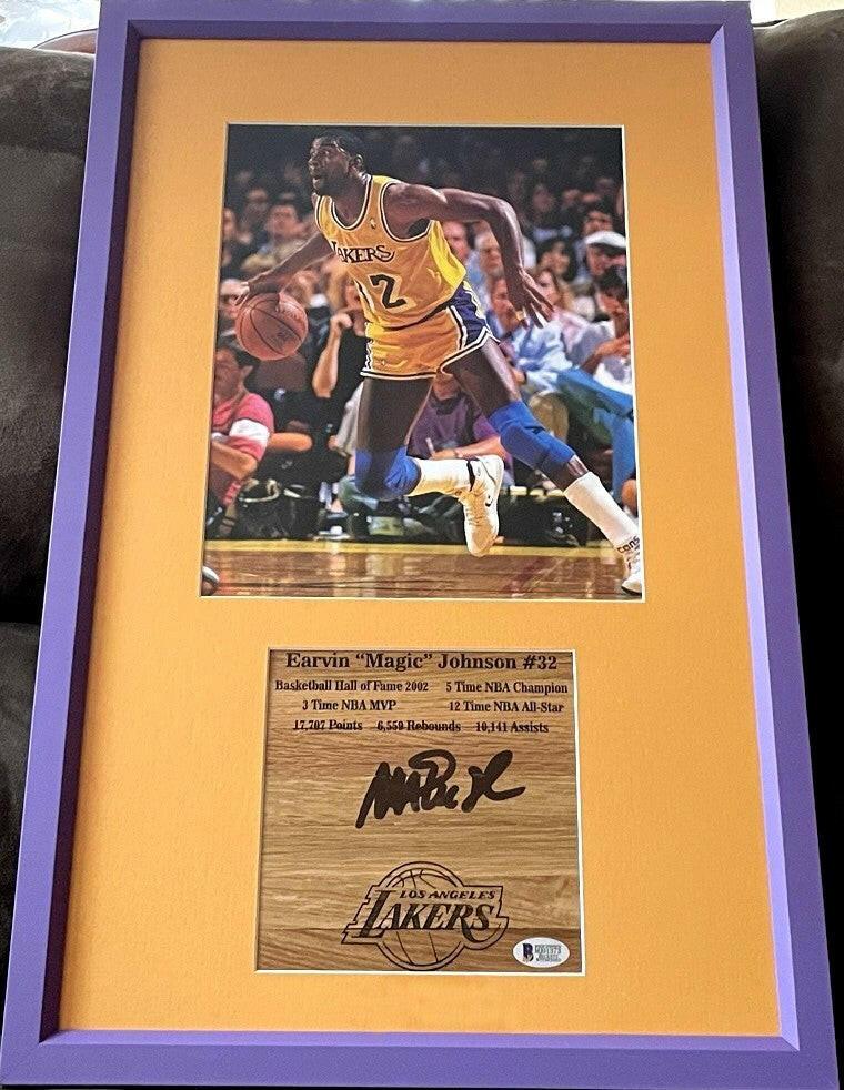 Magic Johnson signed Lakers basketball floor 8x10 framed BAS - AutographsForSale.com