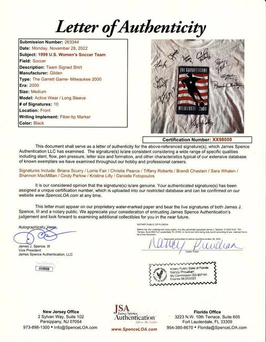 JSA Letter of Authenticity for 2000 Garrett Game shirt signed by 1999 U.S. Women’s World Cup champions