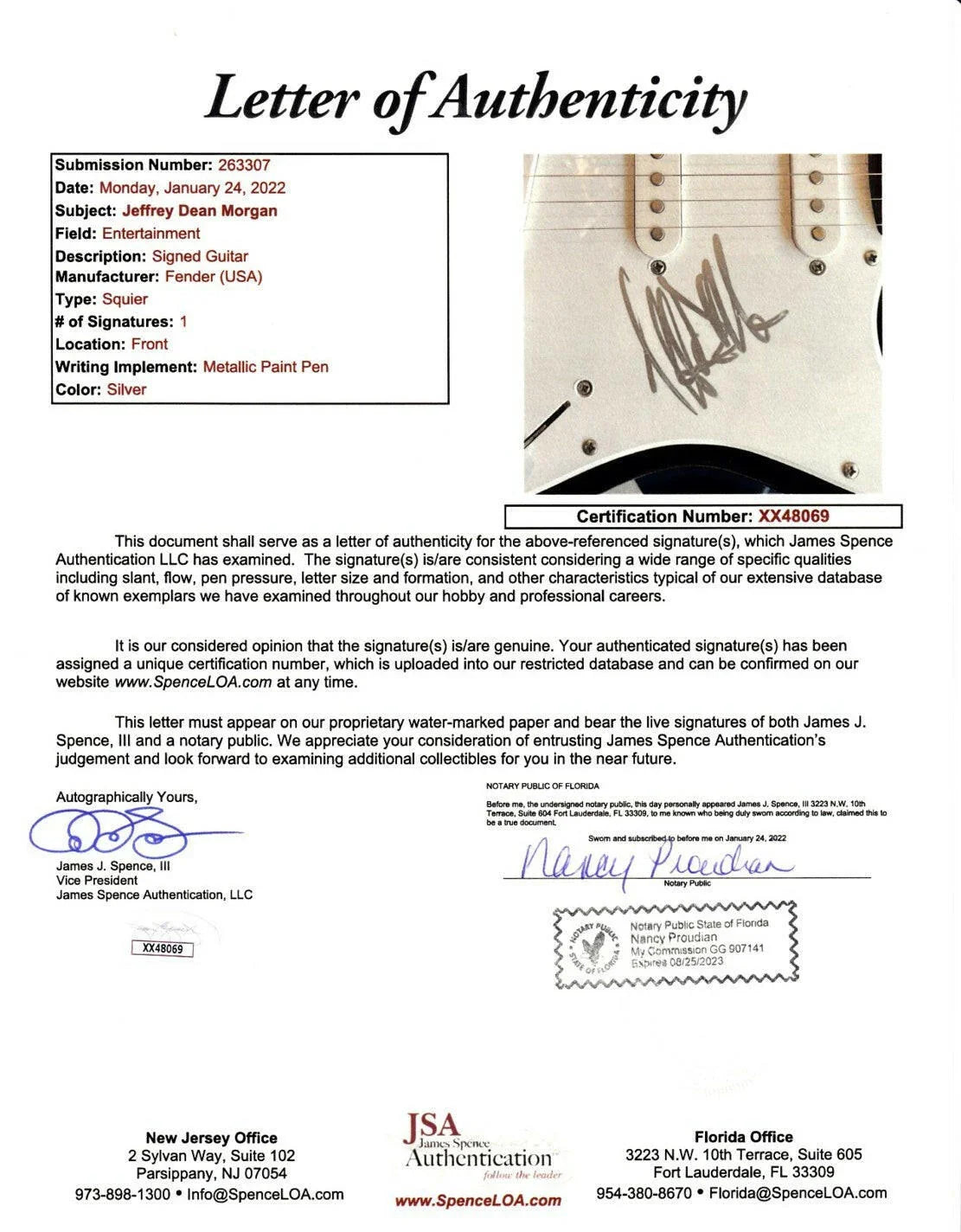 Jeffrey Dean Morgan signed Walking Dead Negan Fender Squier Bullet Electric Guitar JSA - AutographsForSale.com
