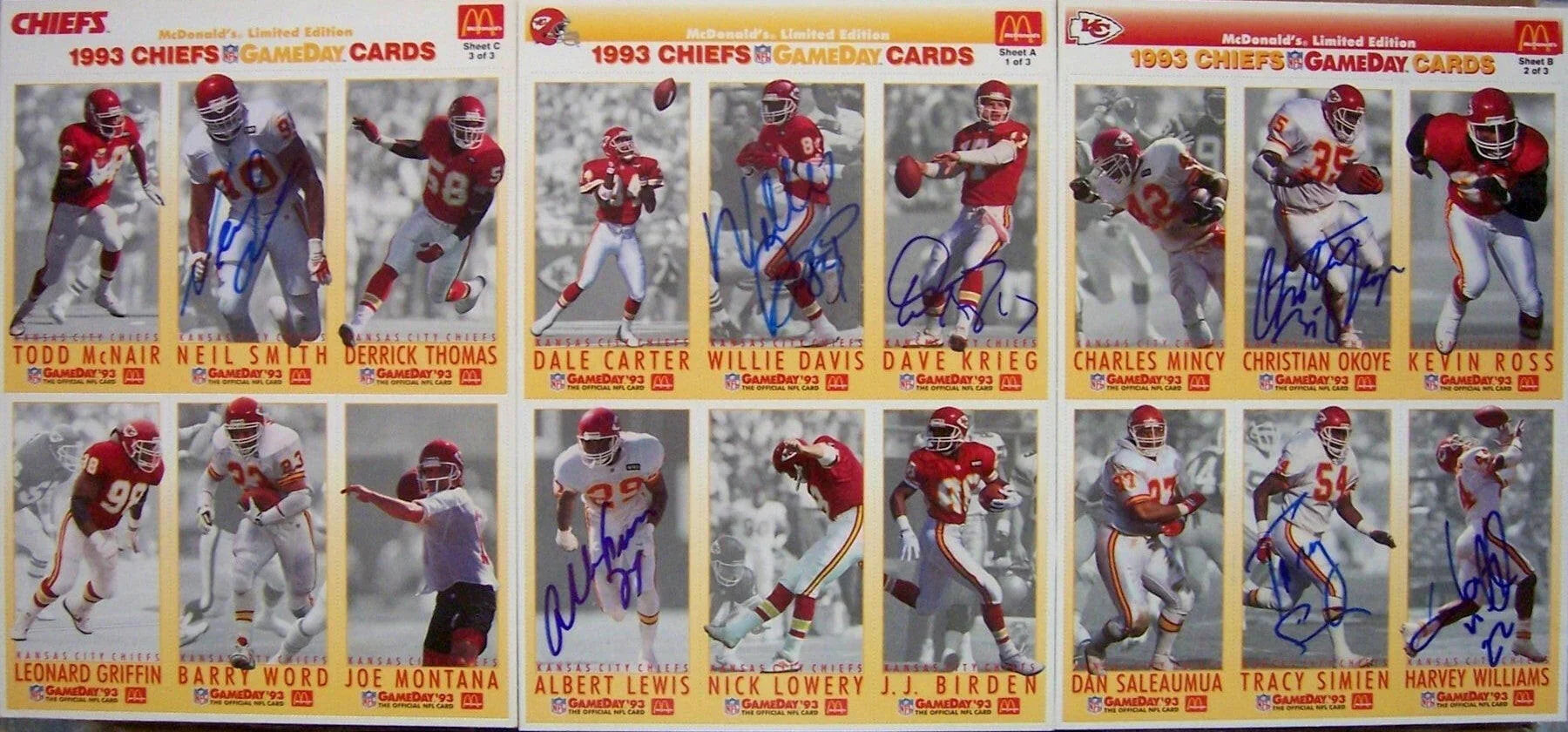 1993 KC Chiefs signed McDonald’s NFL GameDay card sheet set Albert Lewis Christian Okoye Neil Smith - AutographsForSale.com