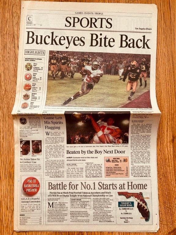 Ohio St Buckeyes Win 1997 Rose Bowl LA Times newspaper David Boston - AutographsForSale.com