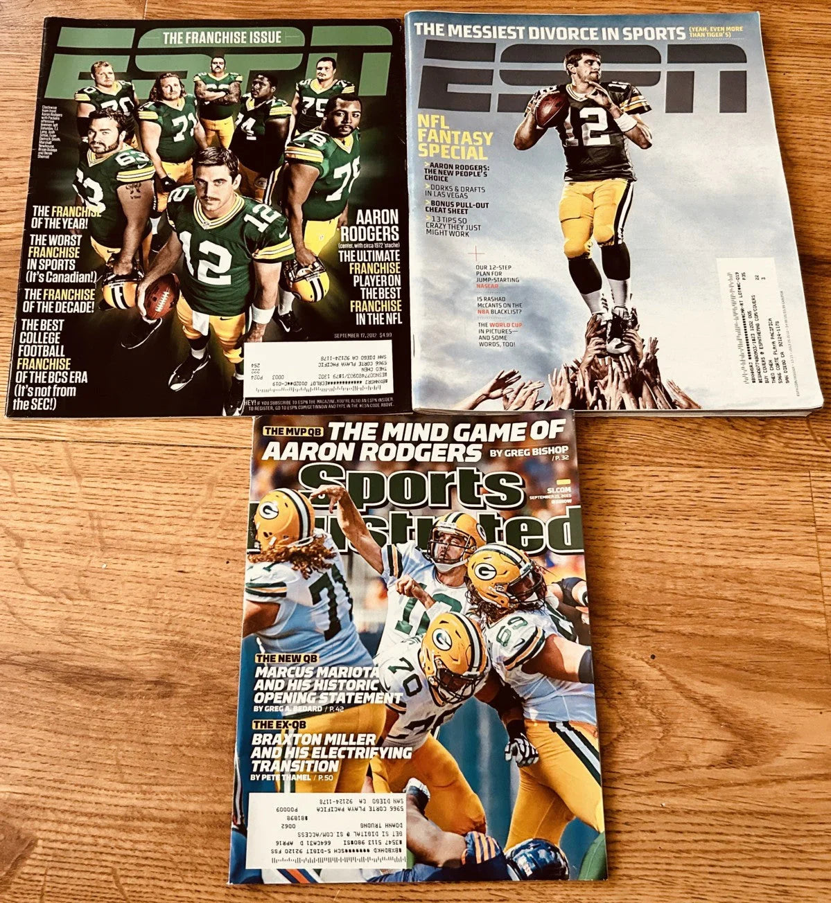 3 Aaron Rodgers Green Bay Packers 2010 2012 ESPN and 2015 Sports Illustrated magazines - AutographsForSale.com